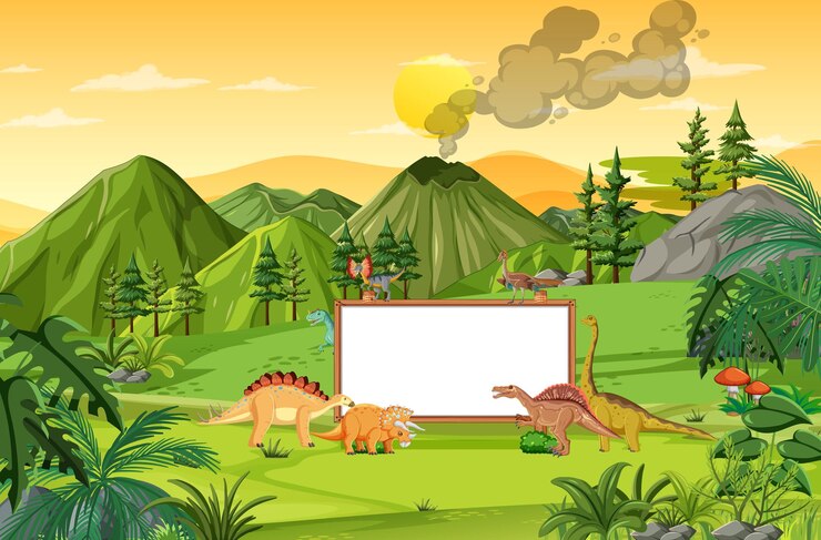 무료 Vector 사인 보드와 공룡이 있는 산에 나무가 있는 자연 장면