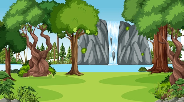 Free vector nature scene with waterfall in the forest landscape