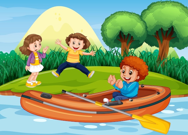Бесплатное векторное изображение Природные пейзажи с детьми и надувной лодкой