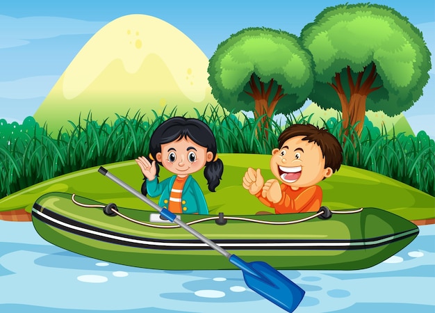 Free vector nature scenery with children in inflatable boat