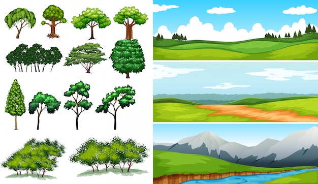 Free vector nature scenes with fields and mountians