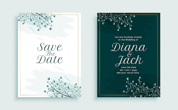 Nature style wedding invitation template design with leaves decoration