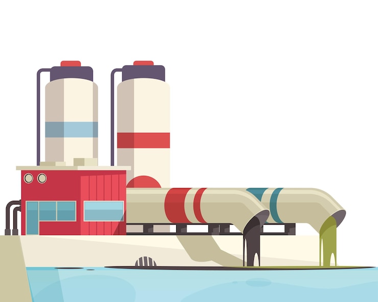 Free Vector nature water pollution composition with plant facilities and pipes pouring dirt into water vector illustration