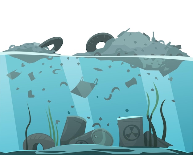 Бесплатное векторное изображение Состав загрязнения воды природы с видом профиля поверхности воды с плавающими кусками мусора векторная иллюстрация