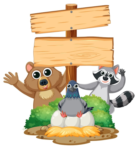 Nature39s cartoon bear raccoon and pigeon by wooden board