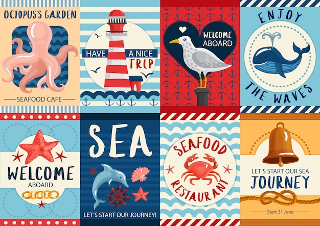 Бесплатное векторное изображение Набор морских баннеров и набор плакатов