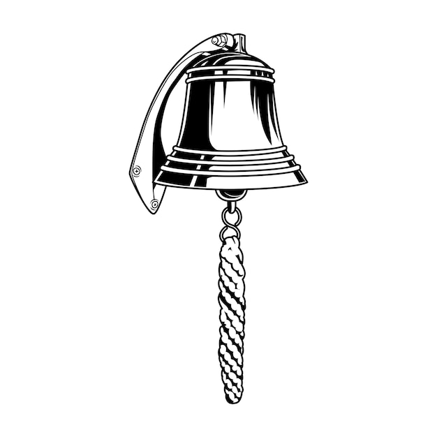 Nautical bell vector illustration. Vintage monochrome brass bell with rope. Sailing or maritime navigation concept for labels or emblems templates