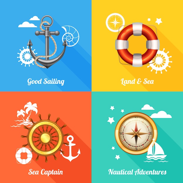 Бесплатное векторное изображение Морская концепция дизайна 4 плоских иконы