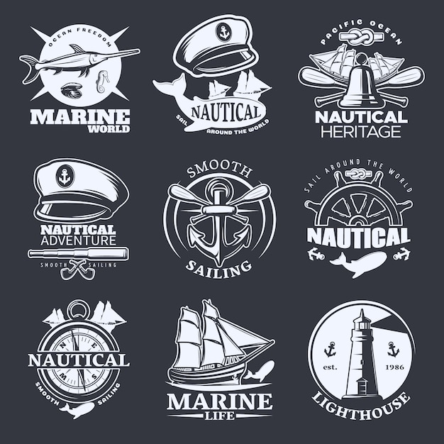 Nautical emblem set on black with marine world nautical sail around the world smooth sailing descriptions