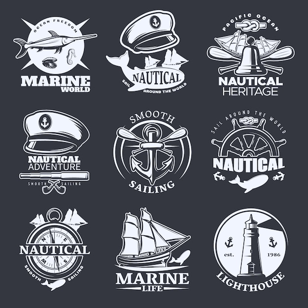 Free vector nautical emblem set on black with marine world nautical sail around the world smooth sailing descriptions