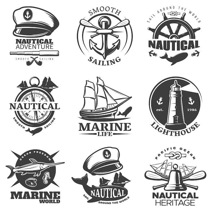 Free Vector nautical emblem set with sail around the world marine life lighthouse marine world descriptions