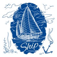 nautical emblem with blue colored sketch sailing schooner ship and sea background vector illustration