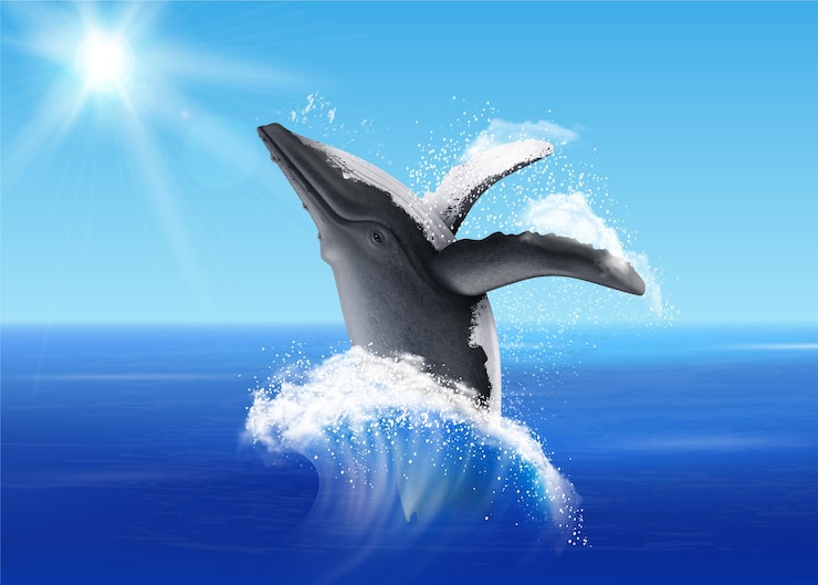 無料Vector 日光のベクトル図に照らされた海の水でクジラをジャンプと航海の現実的な青色の背景