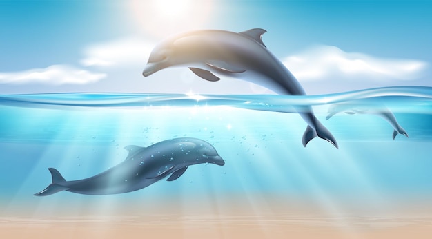 Морская реалистичная композиция с прыгающим дельфином в морской воде, освещенной солнечным светом