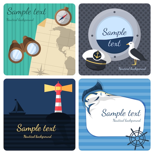Free vector nautical sea travel mini posters set marine journey cruise vacations isolated vector illustration