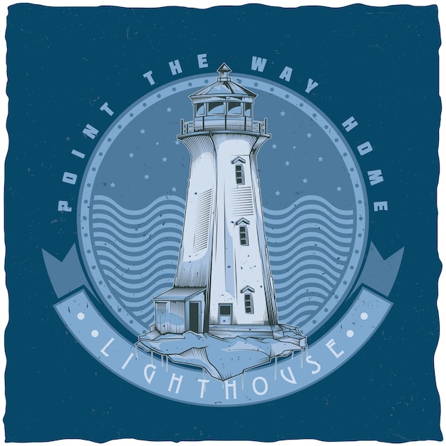 Free vector nautical t-shirt  design with illustration of old lighthouse.