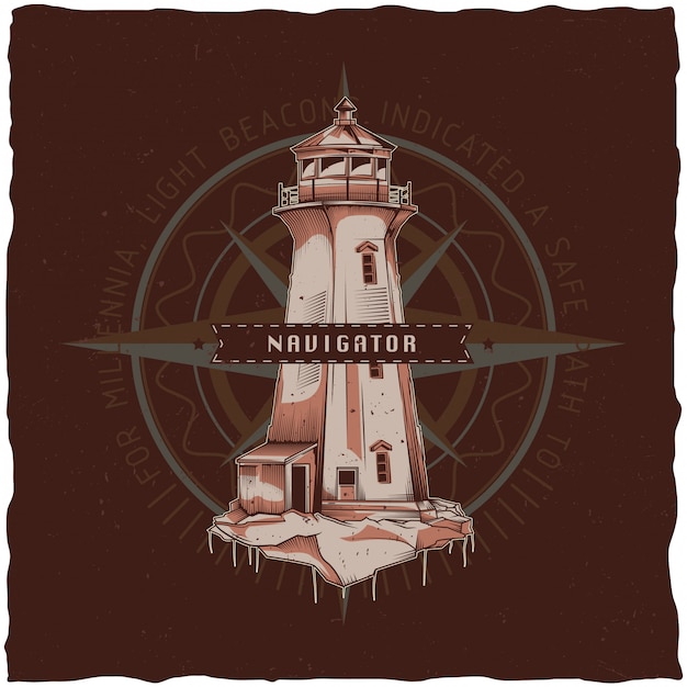 古い灯台のイラストと航海のtシャツのラベルデザイン。手描きイラスト。