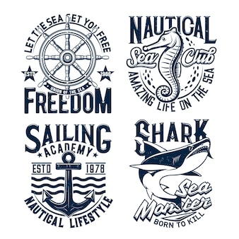 航海用​tシャツ​の​プリント​、​マリンシークラブ​の​ベクトル波​の​アンカー​、​船​の​舵​。​海軍​の​セーリングアカデミー​と​船員​の​バッジ​と​スローガン​、​海​の​怪物​の​サメ​、​タツノオトシゴ​、​船員​の​錨​と​星