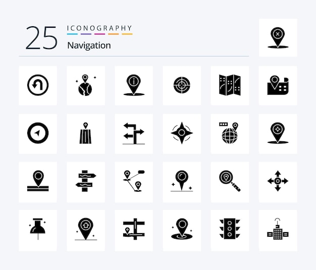 Navigation 25 Solid Glyph icon pack including location map navigation navigation gps