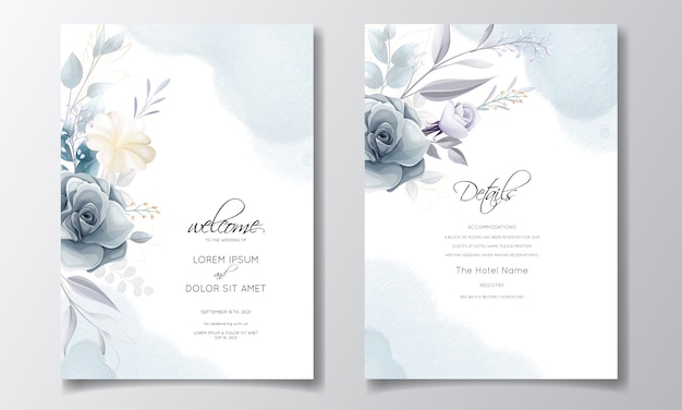 Navy blue floral wedding invitation card template with golden leaves and watercolor