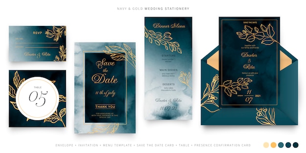 Navy and gold wedding stationery template