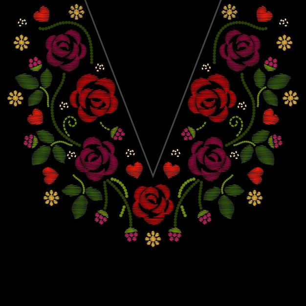 Бесплатное векторное изображение Вышивка линии шеи с иллюстрацией цветов роз. f