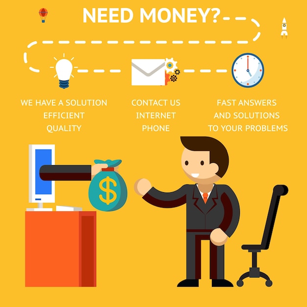 Free vector need money concept, hand giving money, credits and loans on internet