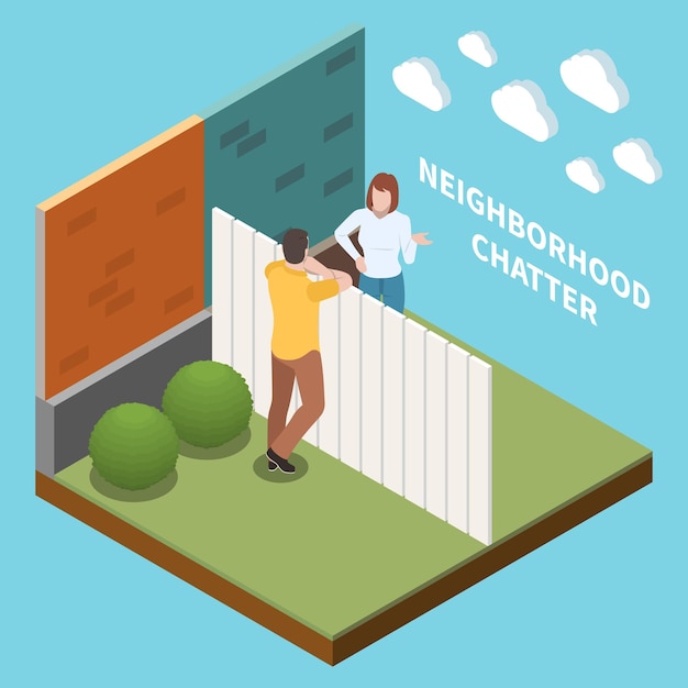 Free vector neighbor isometric concept with people chatting near fence vector illustration