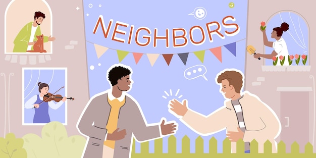 Free vector neighbor people composition with collage of flat icons thought bubbles reactions text and people in windows vector illustration