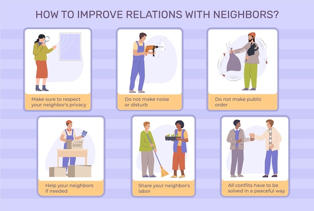 Free vector neighbor people flat infographics with set of compositions showing human characters solving various domestic conflict situations vector illustration