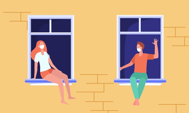 Free vector neighbors in masks sitting separately on windowsills and chatting. outdoor building wall and windows view