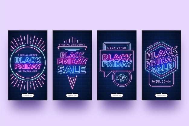 Free vector neon black friday instagram stories collection