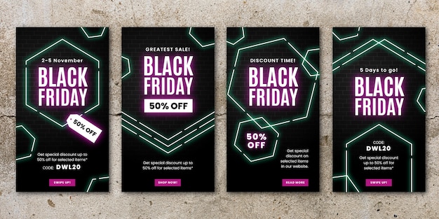 Free vector neon black friday instagram stories collection