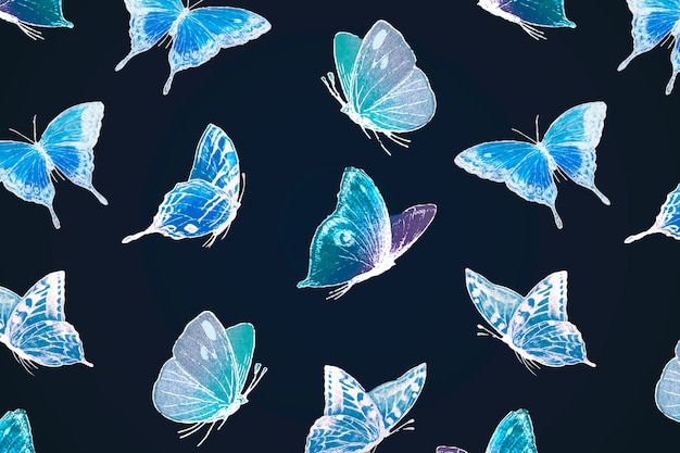 Neon butterfly pattern background, holographic blue design on black vector