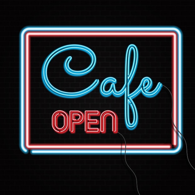 Vettore gratuito segno aperto al neon del caffè sul muro di mattoni
