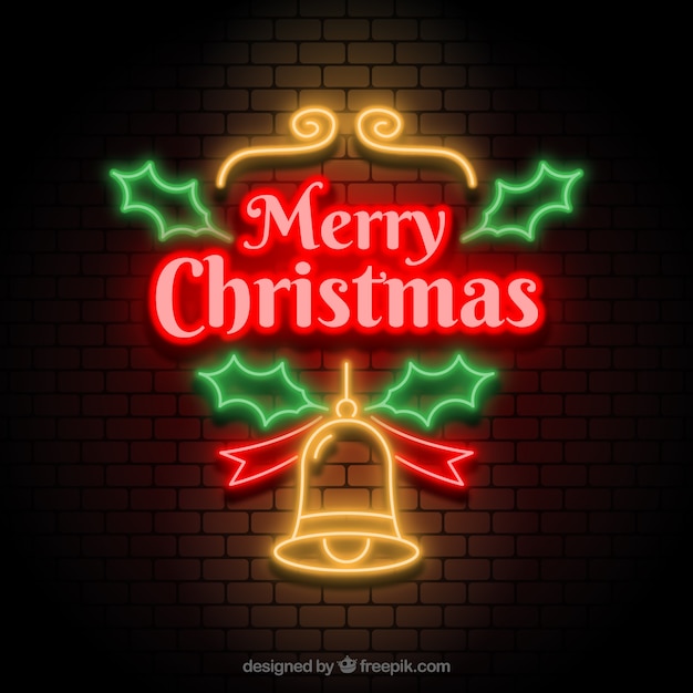 Neon christmas background with a bell