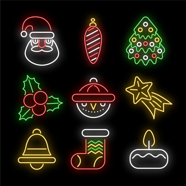 Neon christmas element collection on black background