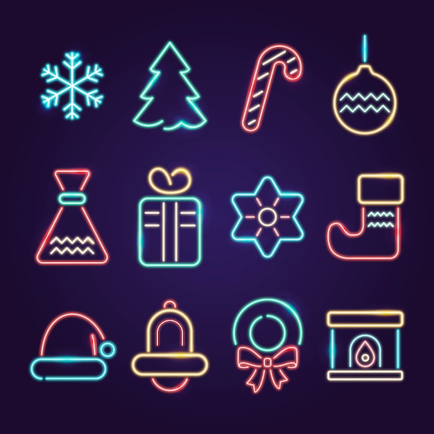 Бесплатное векторное изображение Неоновая рождественская коллекция элементов