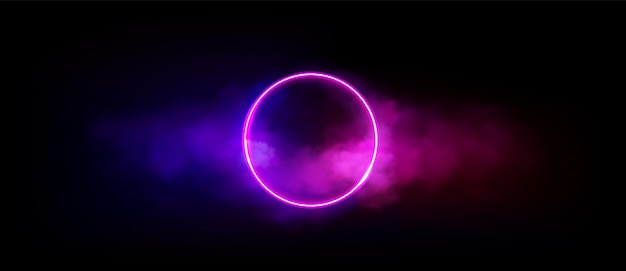 Free vector neon circle in cloud of smoke on black background vector realistic illustration of round frame glowing in blue and pink fog led light border flaring in abstract gradient mist night party design