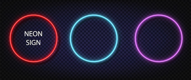 Неоновый знак круга. Светящийся цветной векторный набор реалистичных неоновых квадратов. Сияющие светодиодные или галогенные лампы обрамляют баннеры.