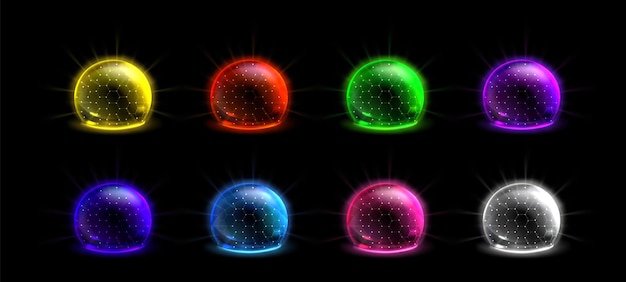 Neon color dome shields set isolated on black background vector realistic illustration of glowing 3d spheres with mesh surface communication technology data protection system barrier effect