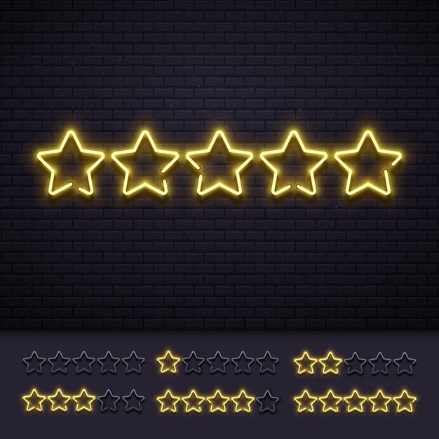 Neon five stars. golden illuminated star neons lamps on brick wall. gold light luxury rating sign vector illustration