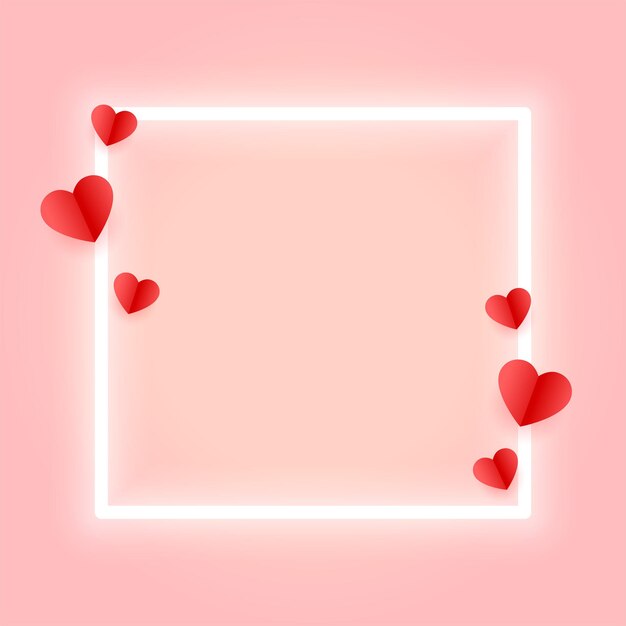 Neon frame with red hearts love valentines day background