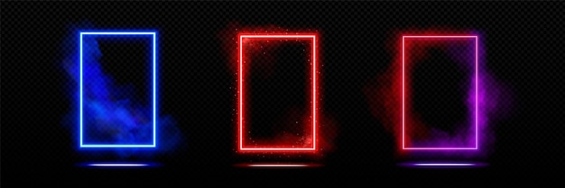 Free vector neon futuristic door frame with glowing and steam effect realistic vector illustration set of illuminated blue red and purple led rectangular portal with fog and sparkles on black background