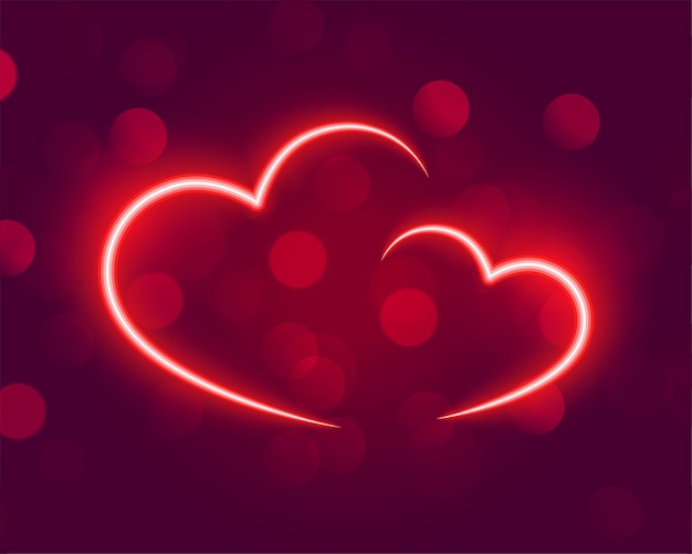 Neon glowing hearts on bokeh background