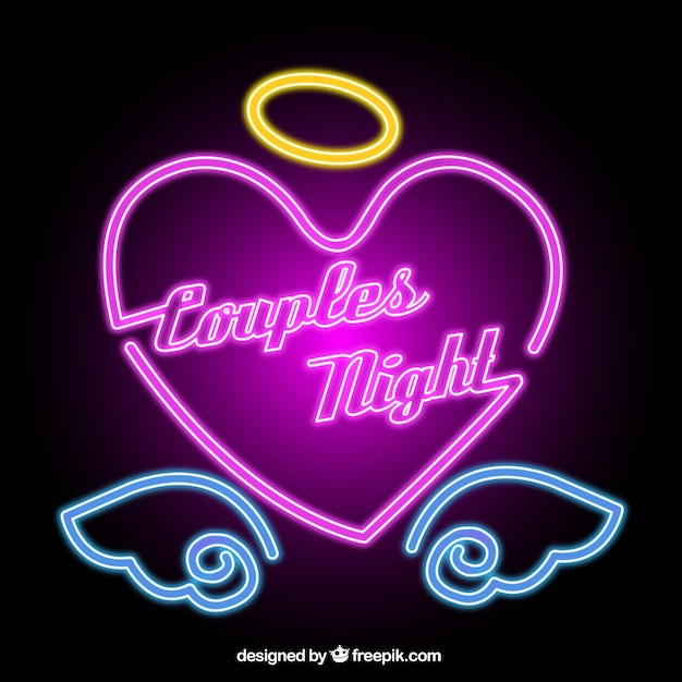 Free vector neon heart background with crown and angel wings