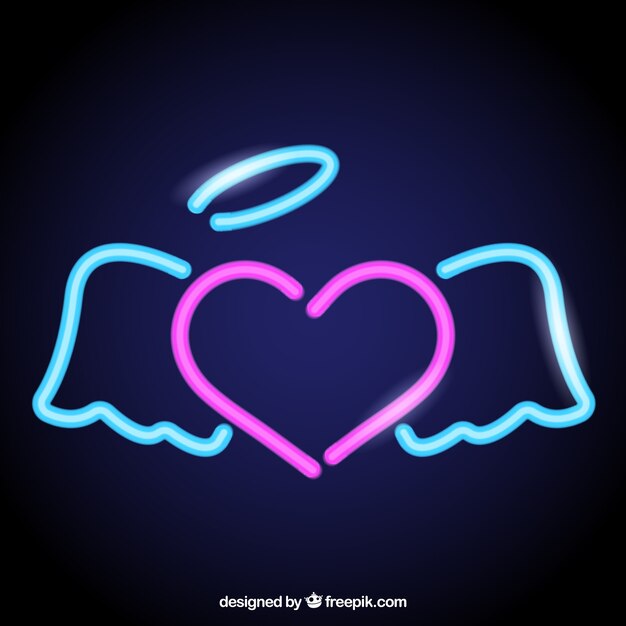 Neon heart background with wings