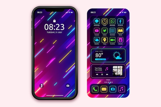 無料ベクター スマートフォン用ネオンホーム画面テンプレート