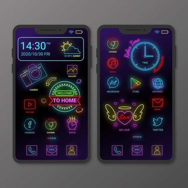 無料ベクター スマートフォン用ネオンホーム画面テンプレート