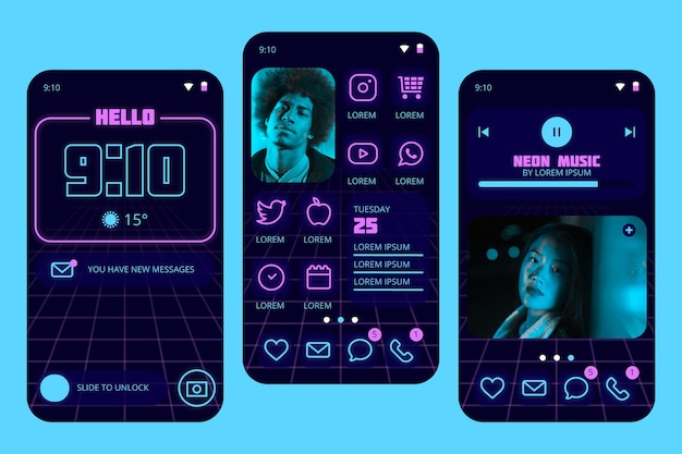 Free vector neon home screen with man and woman